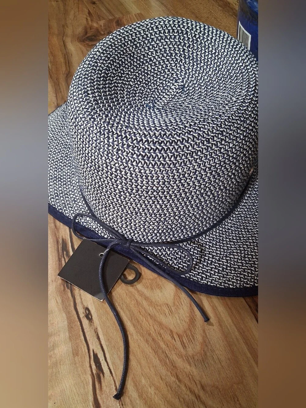 Women’s Navy & White Braided Sun Hat with Bead Accent